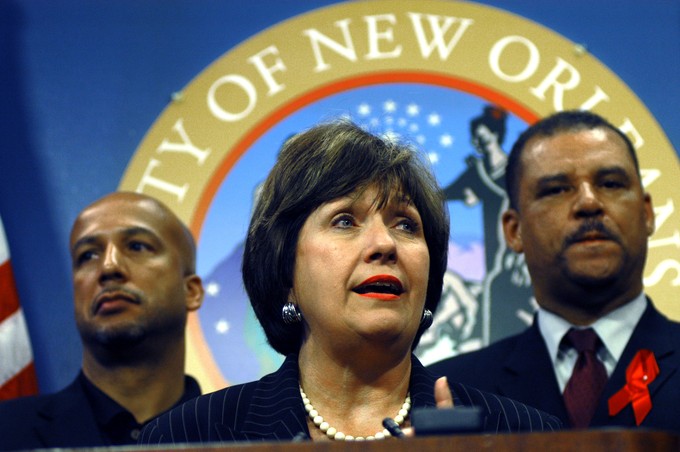 Governor Kathleen Blanco speaks during a news conference on Hurricane Katrina at New Orleans City Hall