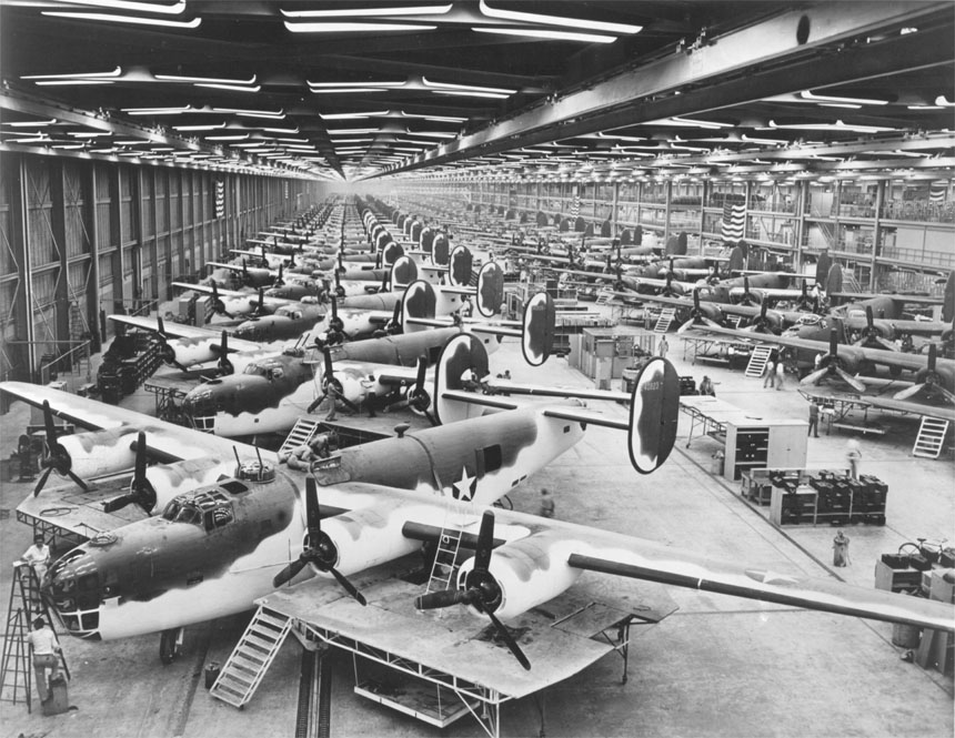 B-24 Liberator bombers being assembled in Fort Worth, Texas, during World War II. (U.S. Air Force)